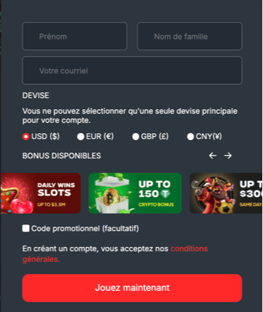 S&rsquo;inscrire Vodds casino